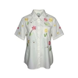 Vintage The Quacker Factory Womens Button Up Top Size 1X Embroidered Floral Bees